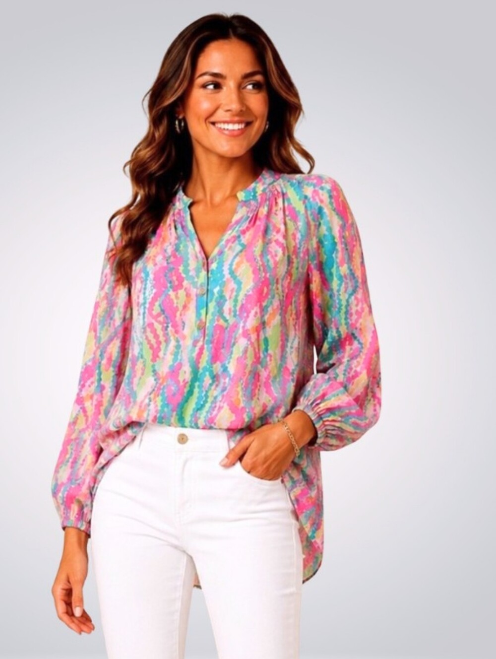Lilly Pulitzer Elsa Tunic Blouse Dripping Jewels 100% Silk Summer Travel Size M